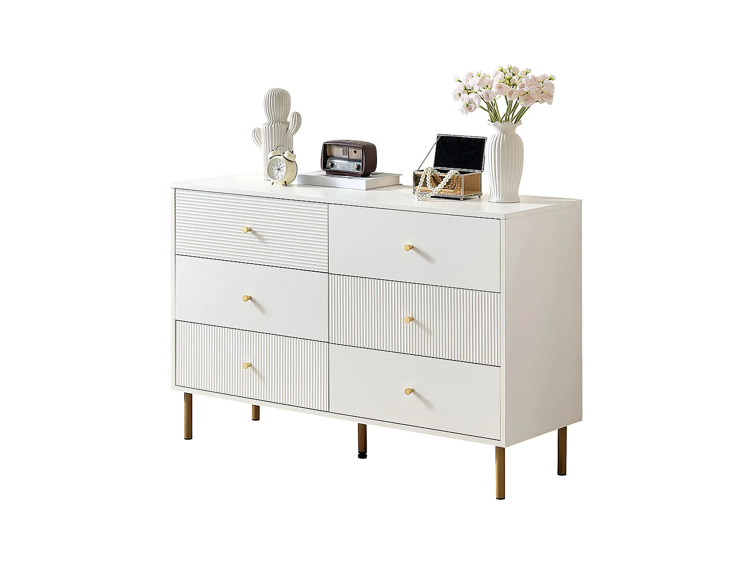Buffet moderne 120x40x78 cm - 6 tiroirs - Pieds en métal - MDF - Blanc
