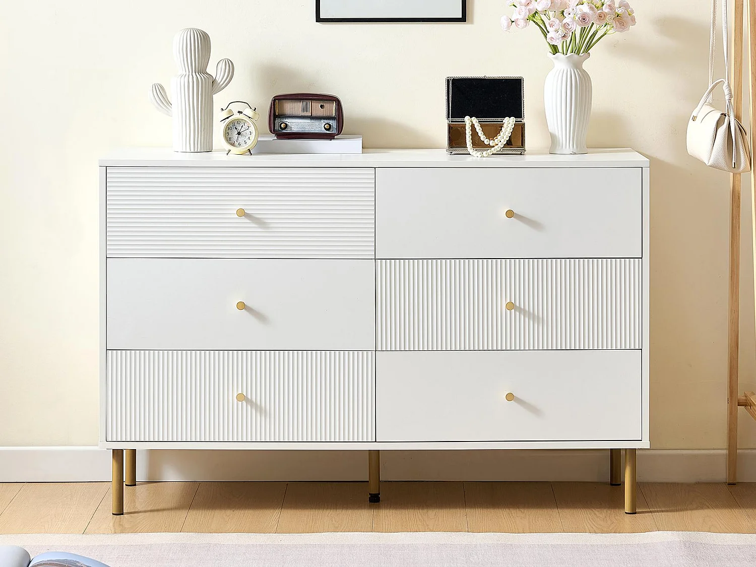 Buffet moderne 120x40x78 cm - 6 tiroirs - Pieds en métal - MDF - Blanc