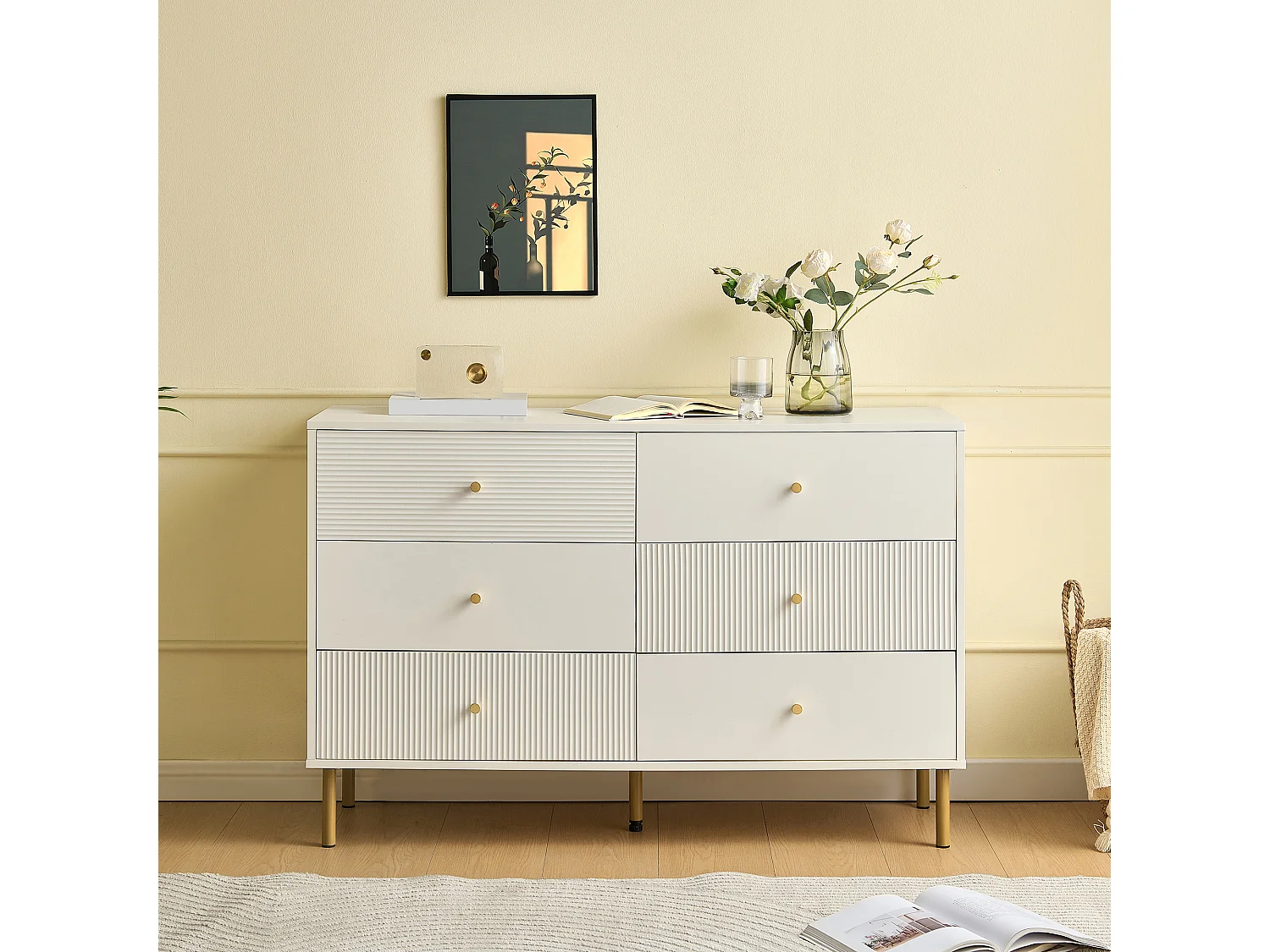 Buffet moderne 120x40x78 cm - 6 tiroirs - Pieds en métal - MDF - Blanc