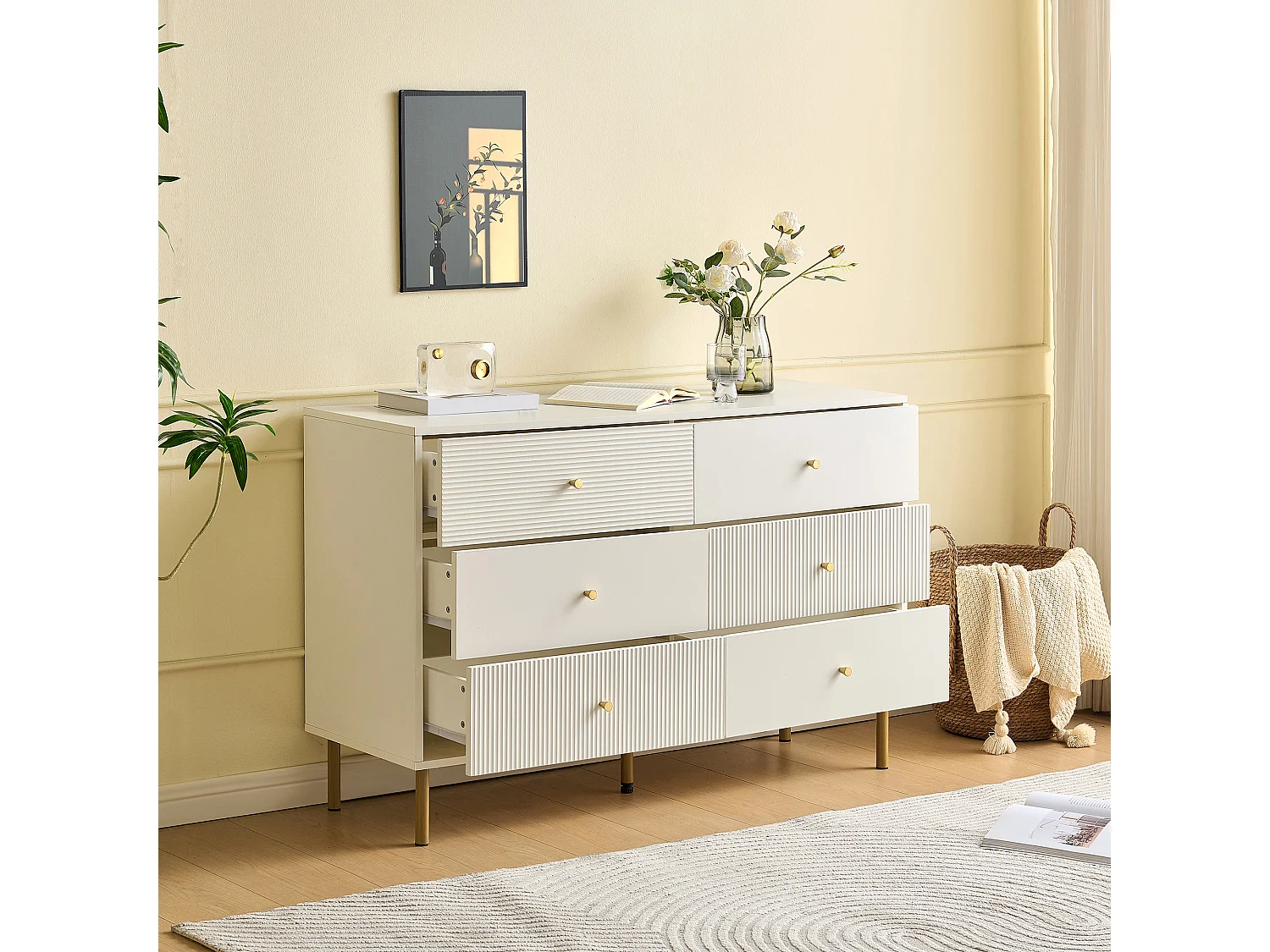 Buffet moderne 120x40x78 cm - 6 tiroirs - Pieds en métal - MDF - Blanc