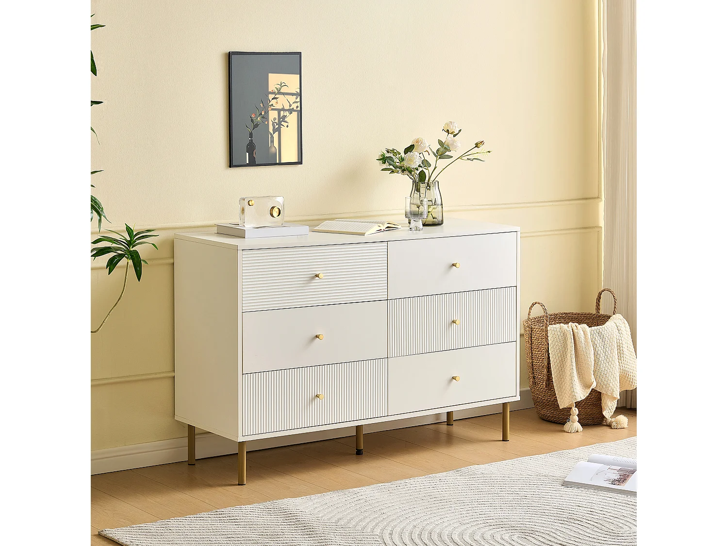 Buffet moderne 120x40x78 cm - 6 tiroirs - Pieds en métal - MDF - Blanc