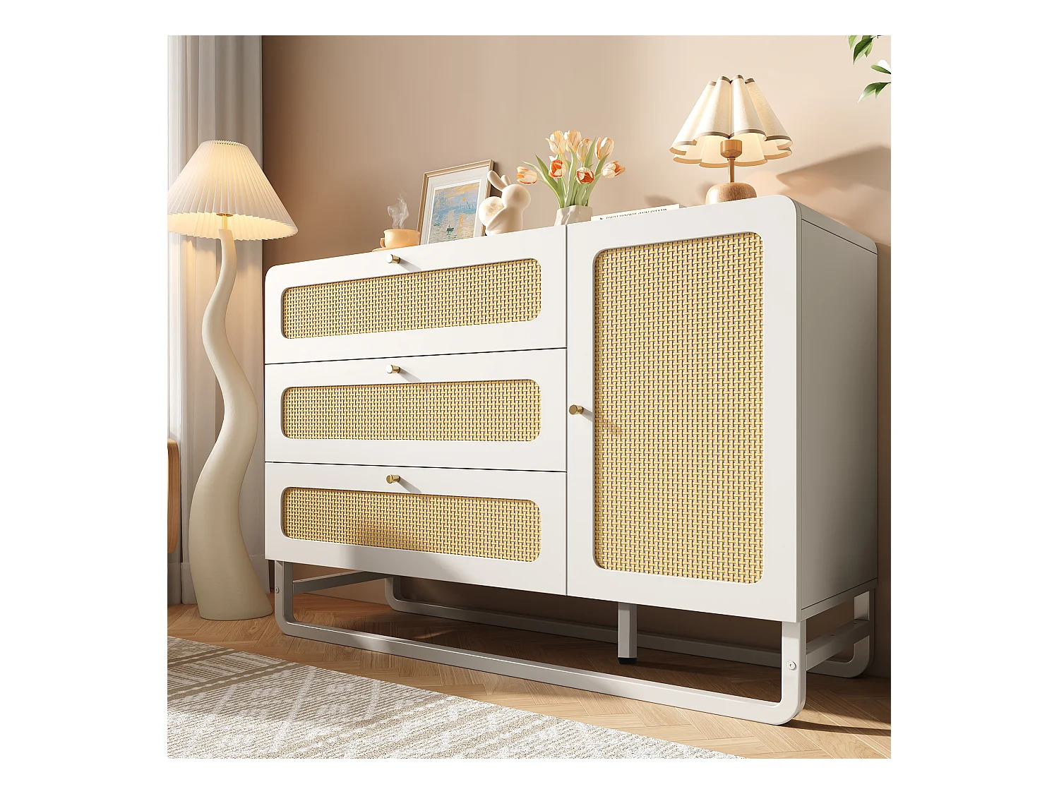 Buffet 120x40x85cm - avec 3 tiroirs en rotin et 1 porte en rotin - style campagnard - poignée en or - Blanc + Naturel