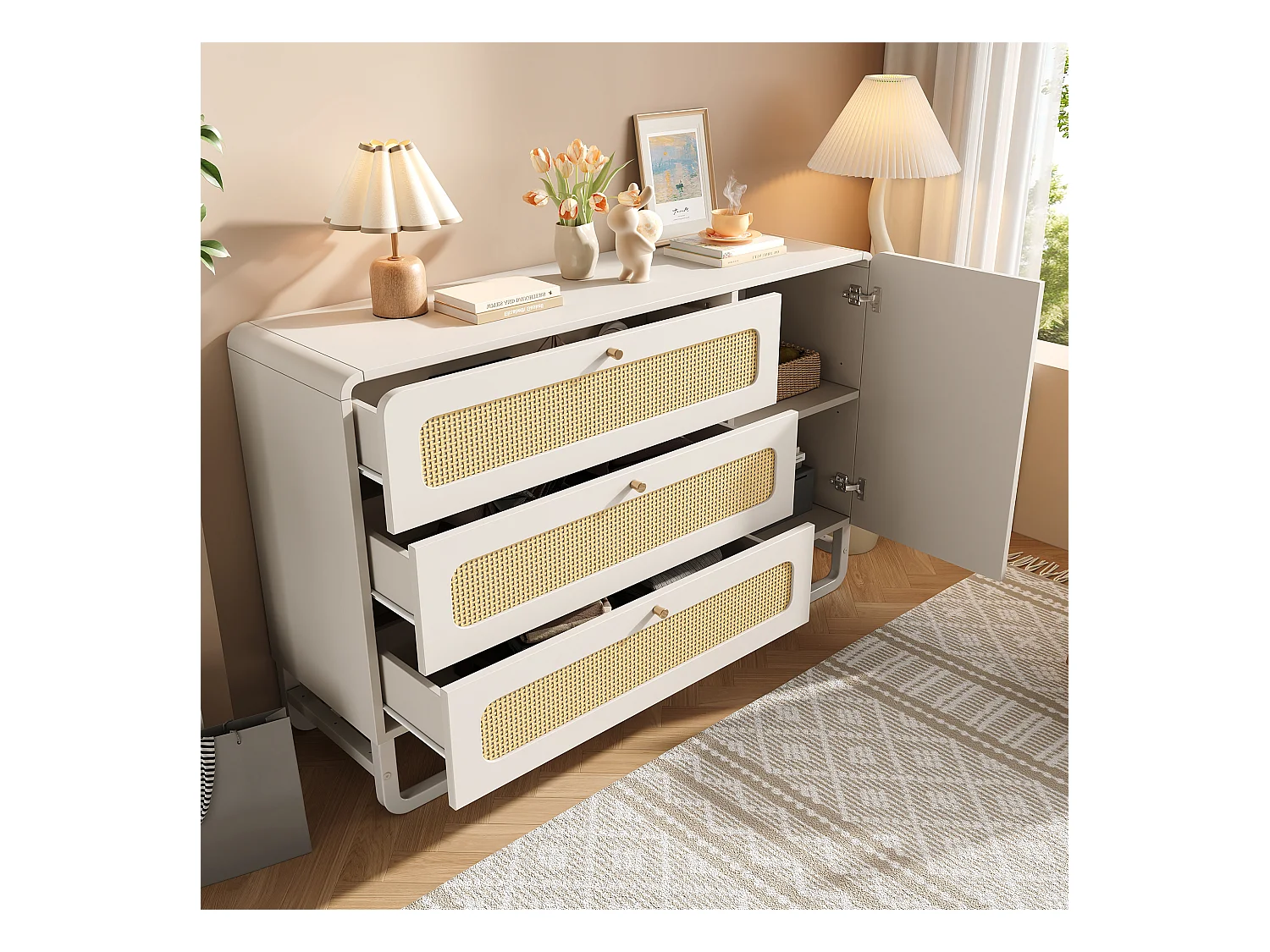 Buffet 120x40x85cm - avec 3 tiroirs en rotin et 1 porte en rotin - style campagnard - poignée en or - Blanc + Naturel