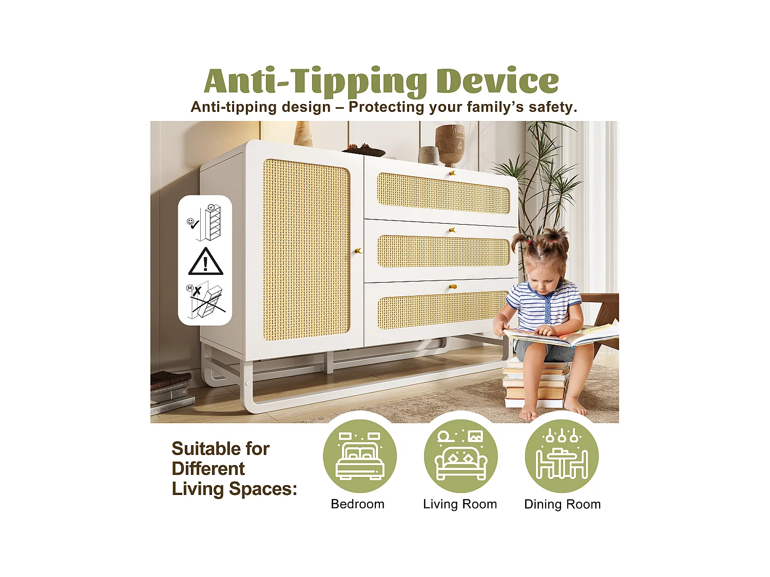 Buffet 120x40x85cm - avec 3 tiroirs en rotin et 1 porte en rotin - style campagnard - poignée en or - Blanc + Naturel