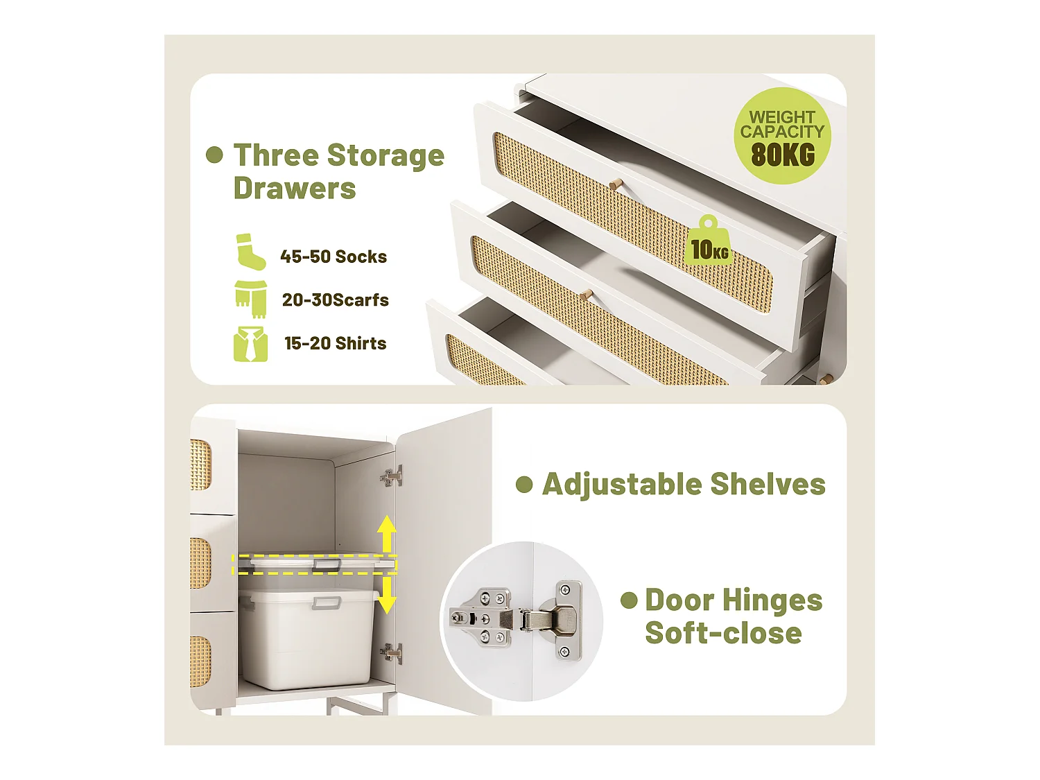 Buffet 120x40x85cm - avec 3 tiroirs en rotin et 1 porte en rotin - style campagnard - poignée en or - Blanc + Naturel