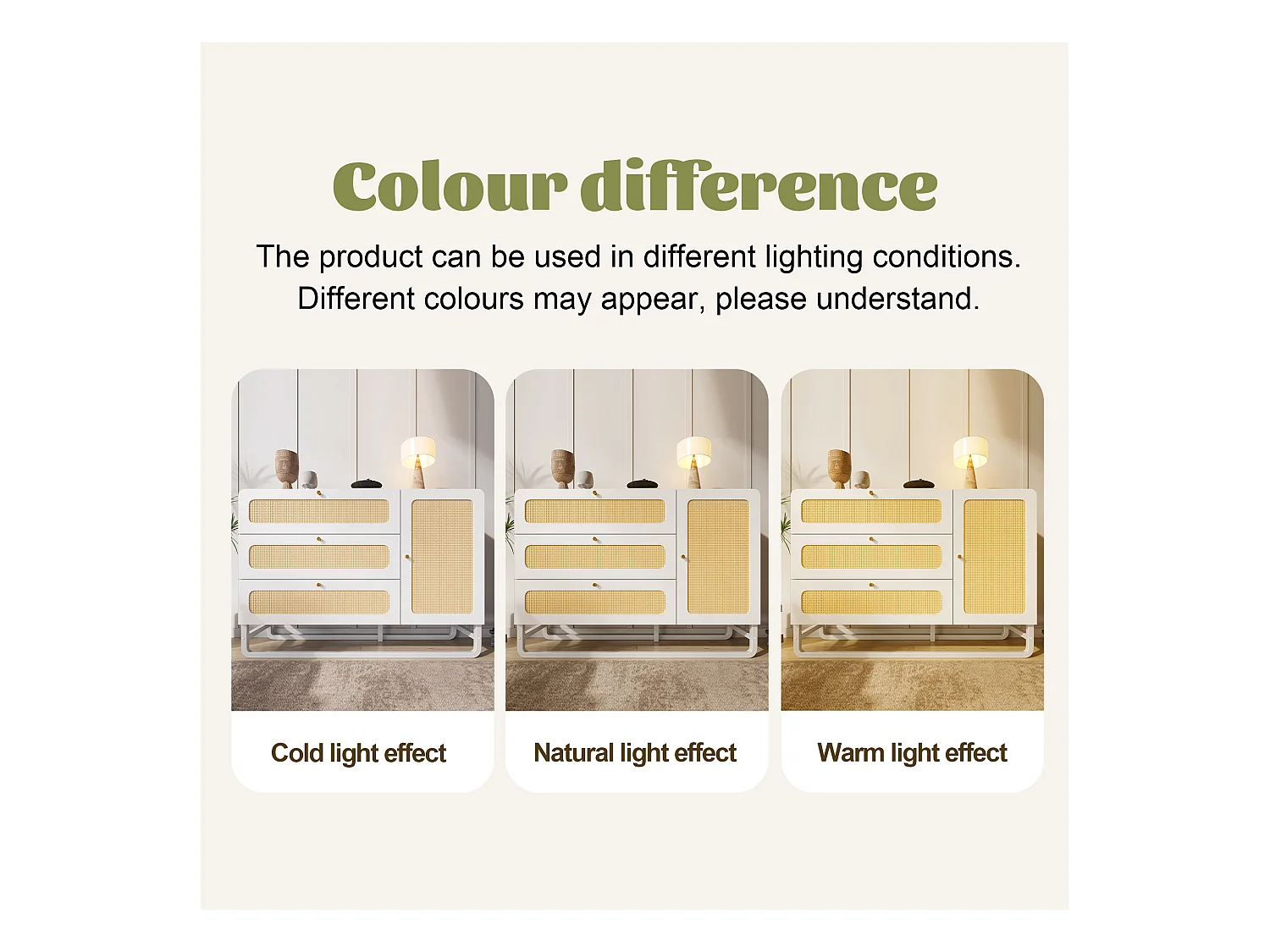 Buffet 120x40x85cm - avec 3 tiroirs en rotin et 1 porte en rotin - style campagnard - poignée en or - Blanc + Naturel