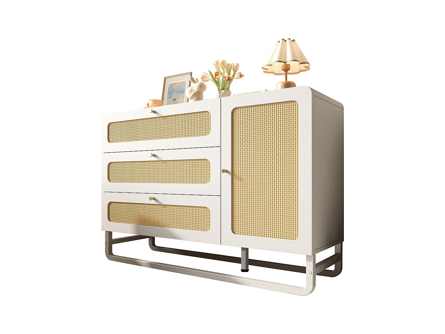 Buffet 120x40x85cm - avec 3 tiroirs en rotin et 1 porte en rotin - style campagnard - poignée en or - Blanc + Naturel