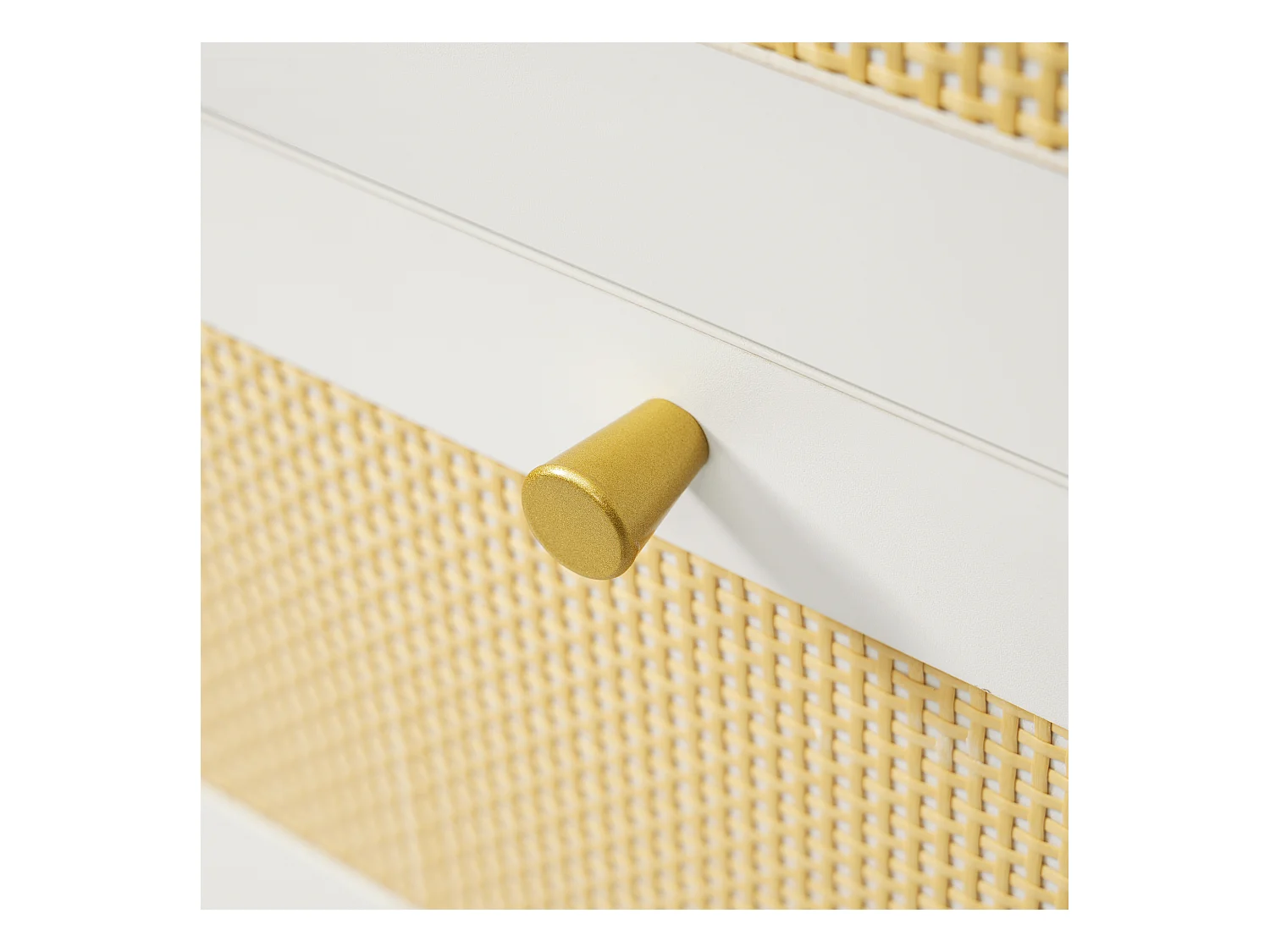 Buffet 120x40x85cm - avec 3 tiroirs en rotin et 1 porte en rotin - style campagnard - poignée en or - Blanc + Naturel