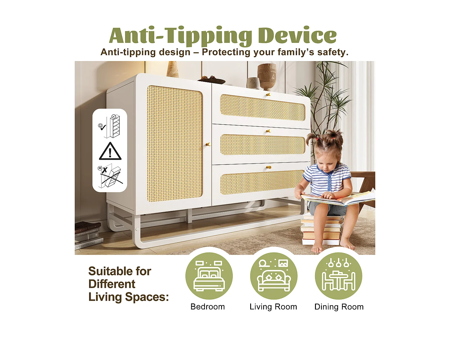 Buffet 120x40x85cm - avec 3 tiroirs en rotin et 1 porte en rotin - style campagnard - poignée en or - Blanc + Naturel