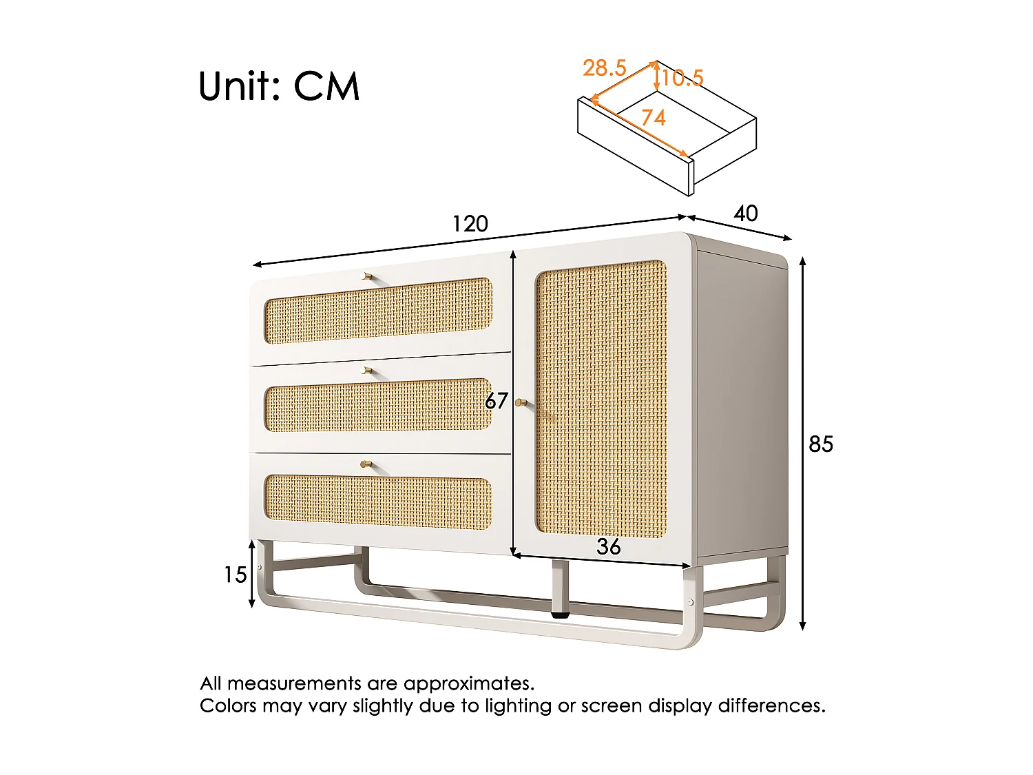 Buffet 120x40x85cm - avec 3 tiroirs en rotin et 1 porte en rotin - style campagnard - poignée en or - Blanc + Naturel