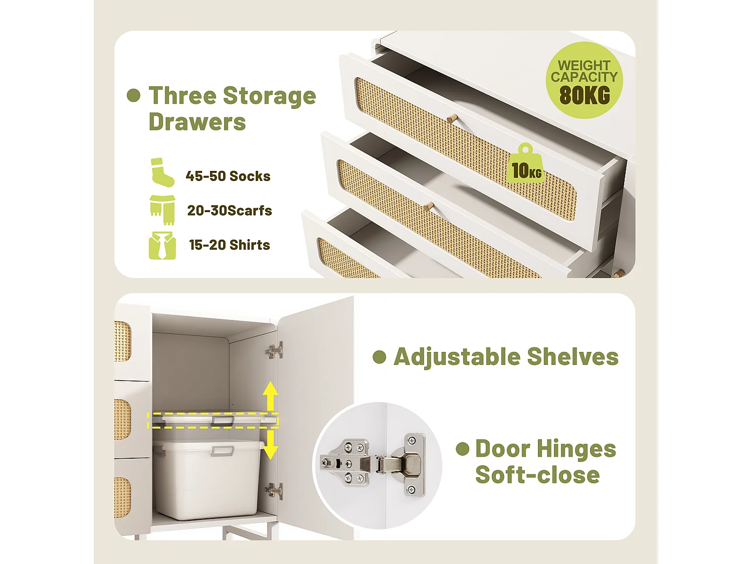 Buffet 120x40x85cm - avec 3 tiroirs en rotin et 1 porte en rotin - style campagnard - poignée en or - Blanc + Naturel