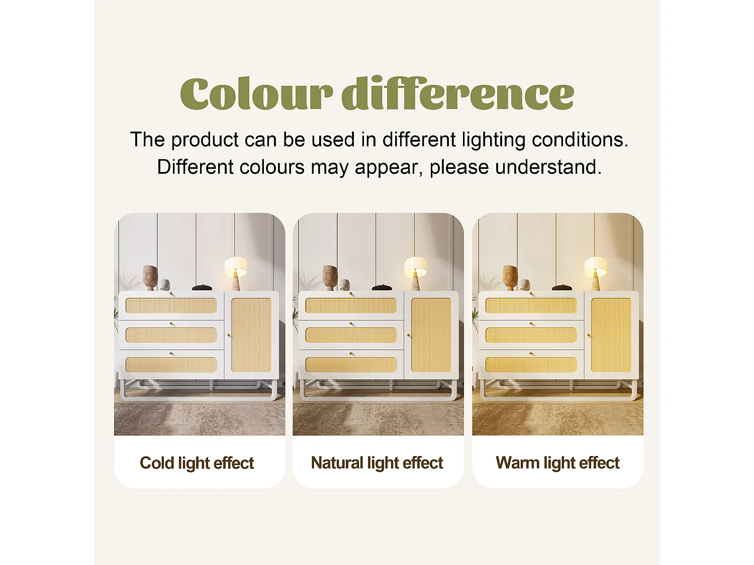 Buffet 120x40x85cm - avec 3 tiroirs en rotin et 1 porte en rotin - style campagnard - poignée en or - Blanc + Naturel