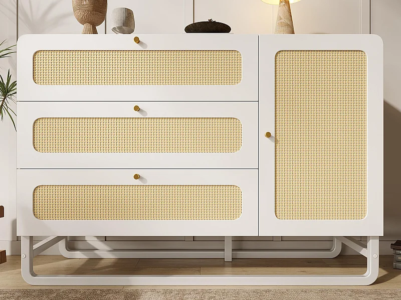 Buffet 120x40x85cm - avec 3 tiroirs en rotin et 1 porte en rotin - style campagnard - poignée en or - Blanc + Naturel