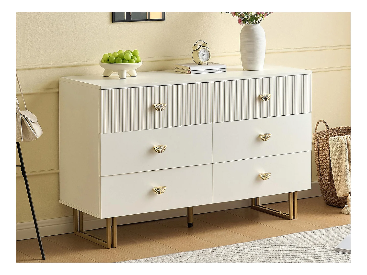 Buffet moderne 120x40x75 cm - avec 6 tiroirs - Pieds en acier - MDF - Blanc