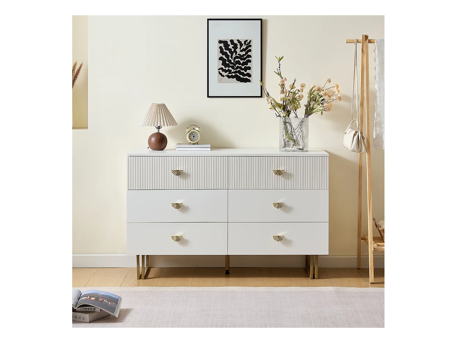 Buffet moderne 120x40x75 cm - avec 6 tiroirs - Pieds en acier - MDF - Blanc