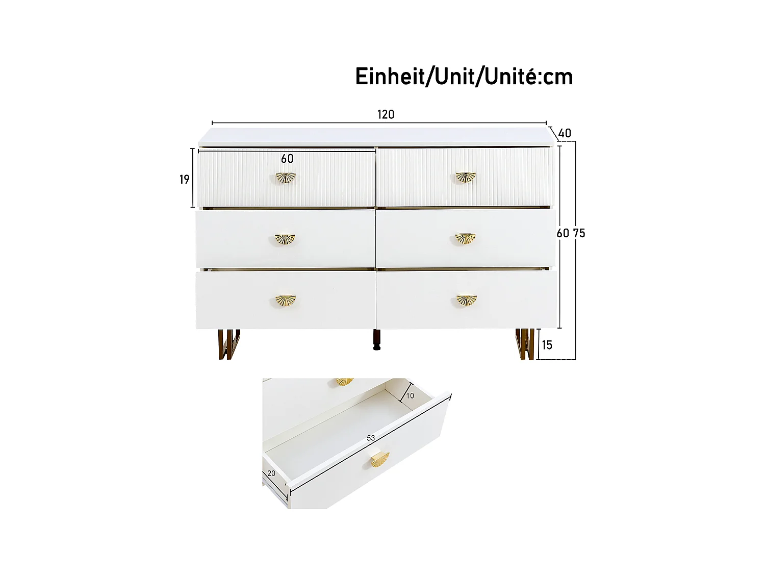 Buffet moderne 120x40x75 cm - avec 6 tiroirs - Pieds en acier - MDF - Blanc
