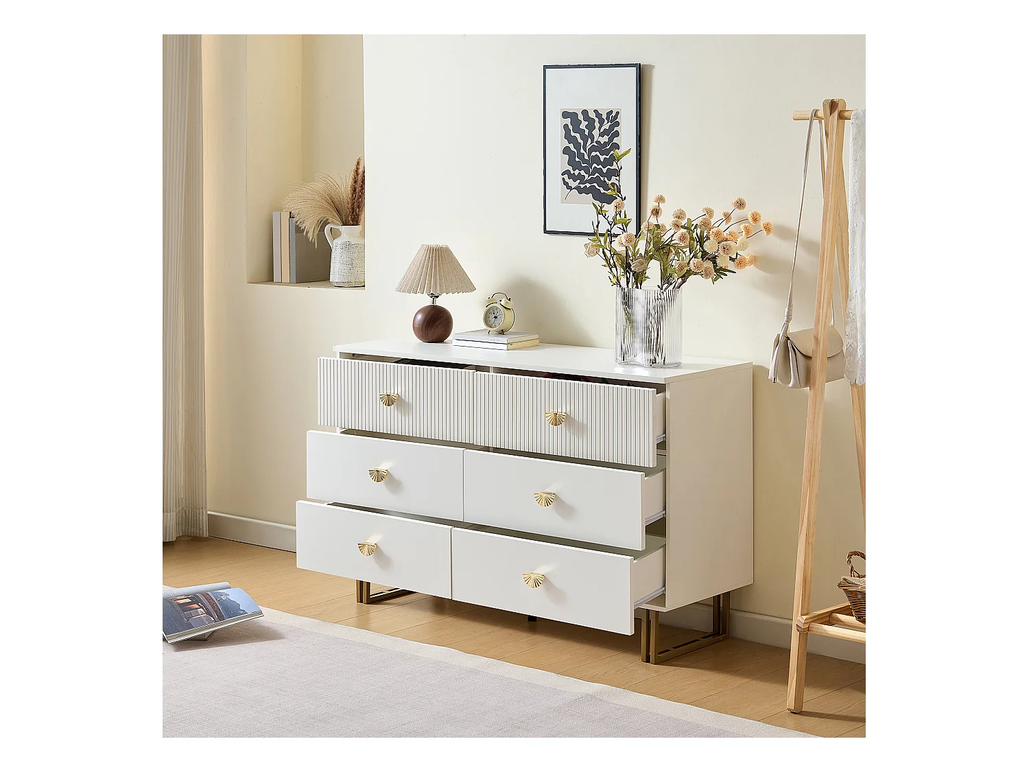 Buffet moderne 120x40x75 cm - avec 6 tiroirs - Pieds en acier - MDF - Blanc