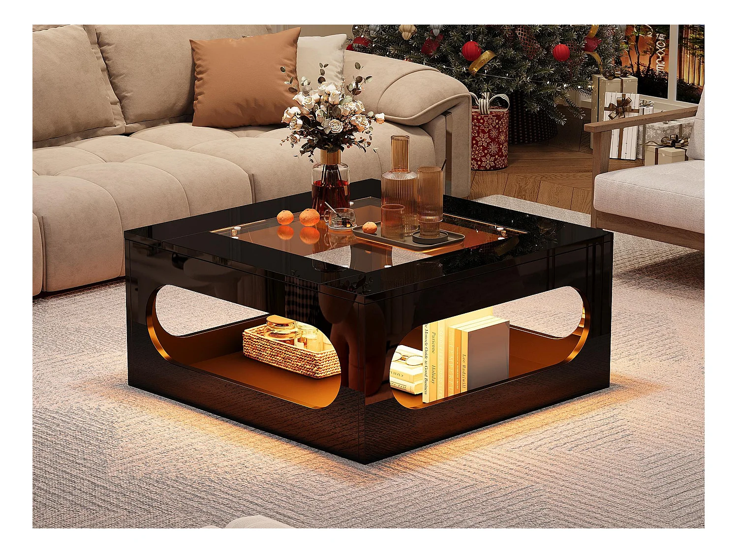 Table basse haute brillance 70x70x35 cm - avec éclairage LED - Plateau en verre trempé - MDF - Noir
