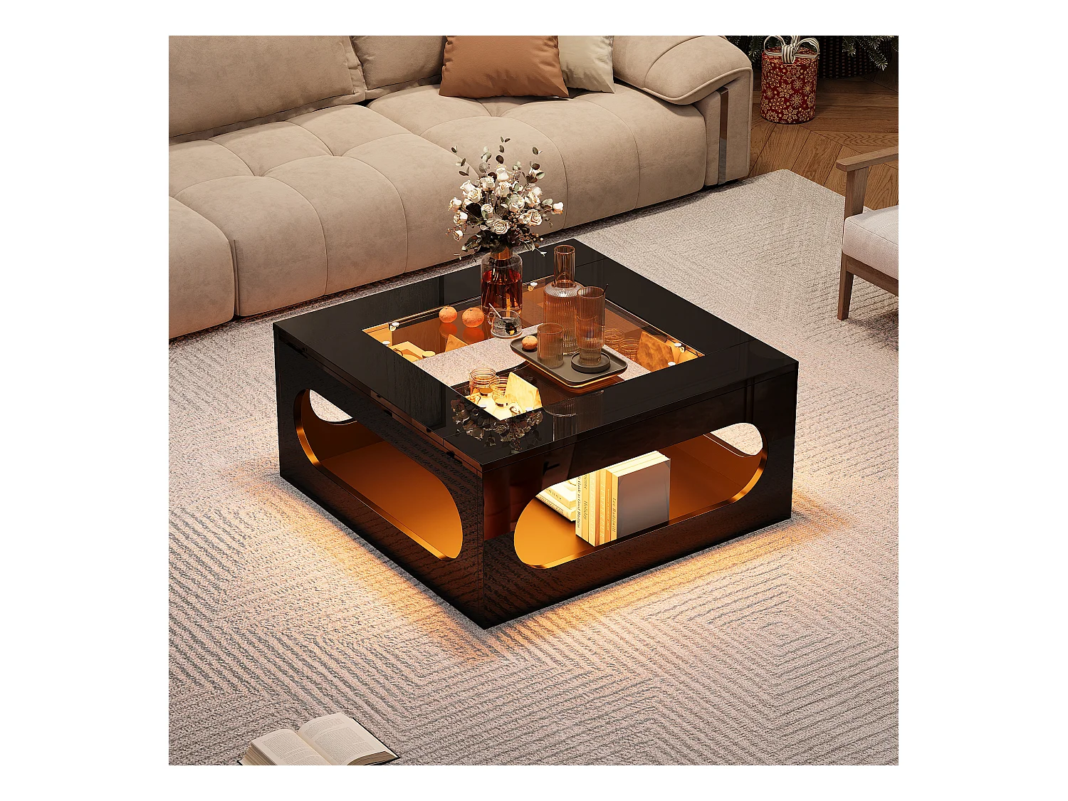 Table basse haute brillance 70x70x35 cm - avec éclairage LED - Plateau en verre trempé - MDF - Noir