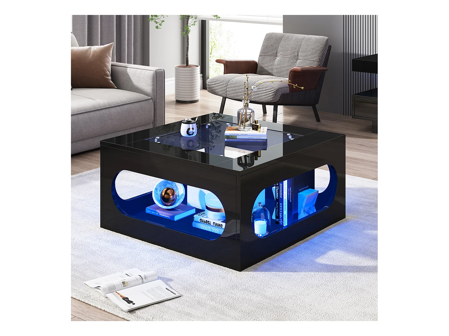 Table basse haute brillance 70x70x35 cm - avec éclairage LED - Plateau en verre trempé - MDF - Noir