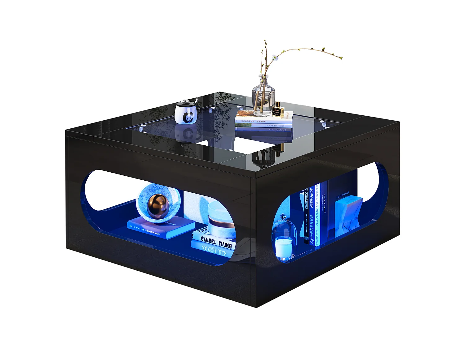 Table basse haute brillance 70x70x35 cm - avec éclairage LED - Plateau en verre trempé - MDF - Noir