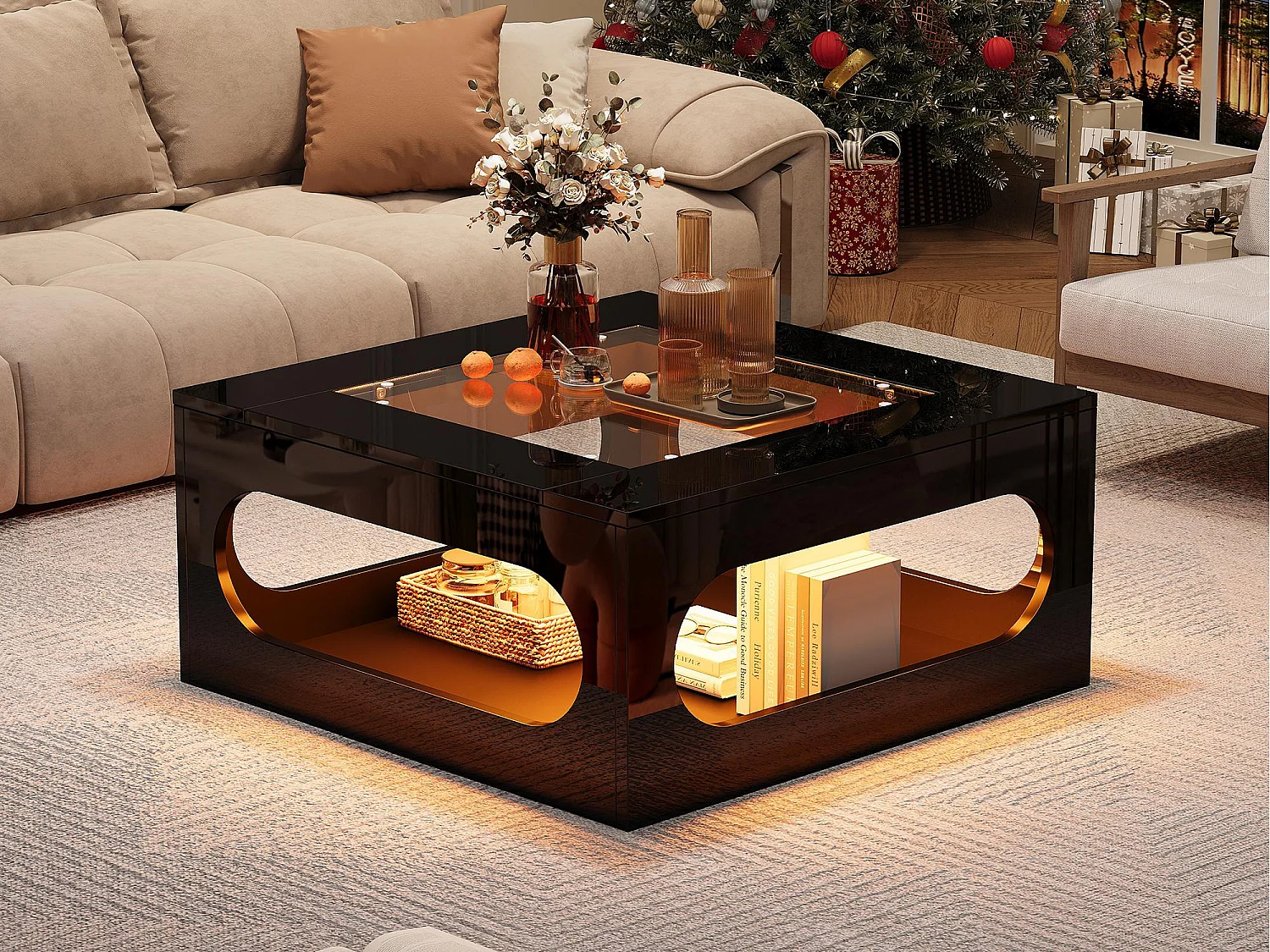 Table basse haute brillance 70x70x35 cm - avec éclairage LED - Plateau en verre trempé - MDF - Noir
