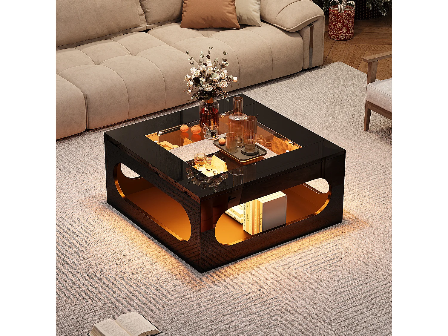 Table basse haute brillance 70x70x35 cm - avec éclairage LED - Plateau en verre trempé - MDF - Noir