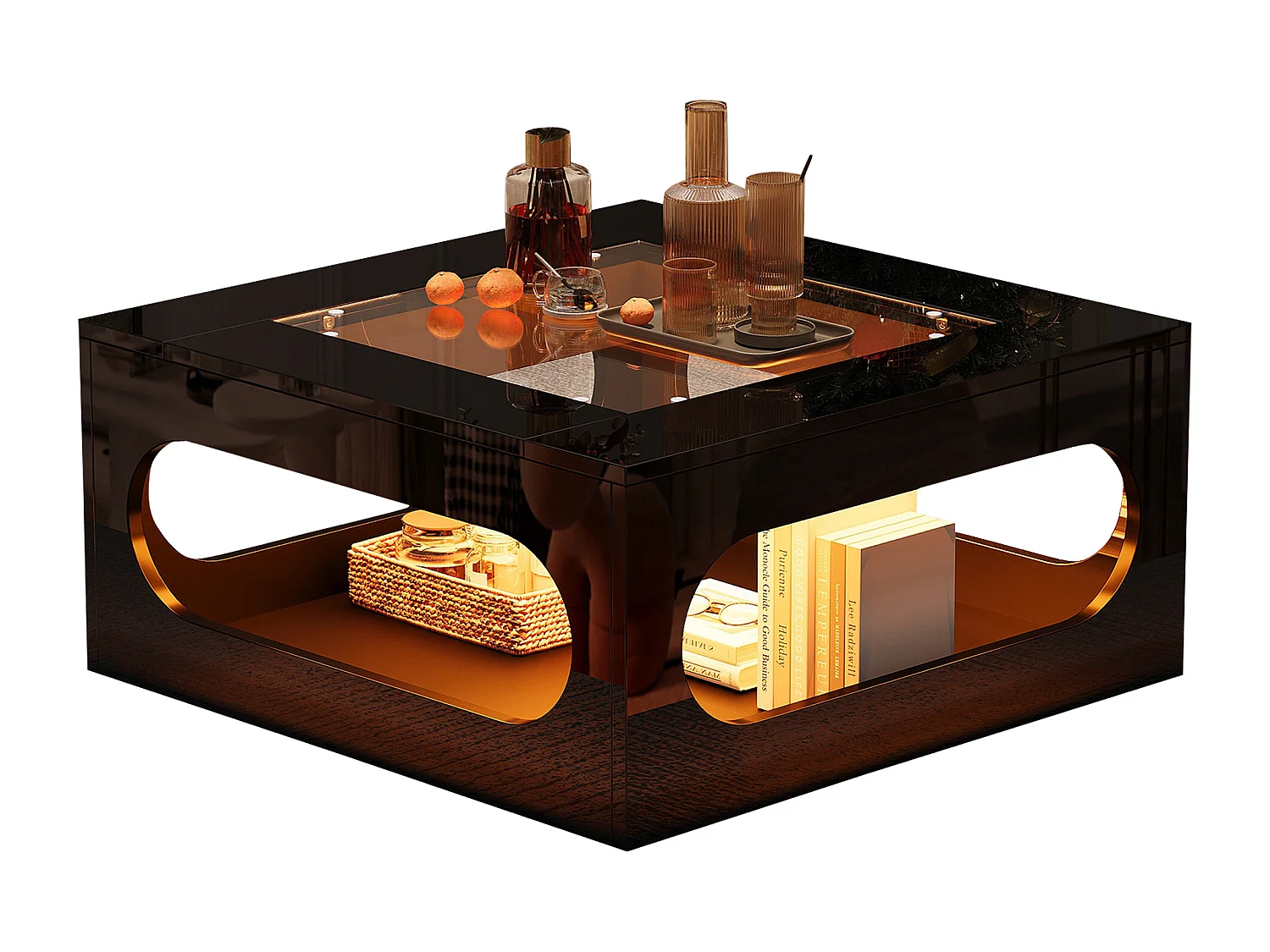 Table basse haute brillance 70x70x35 cm - avec éclairage LED - Plateau en verre trempé - MDF - Noir