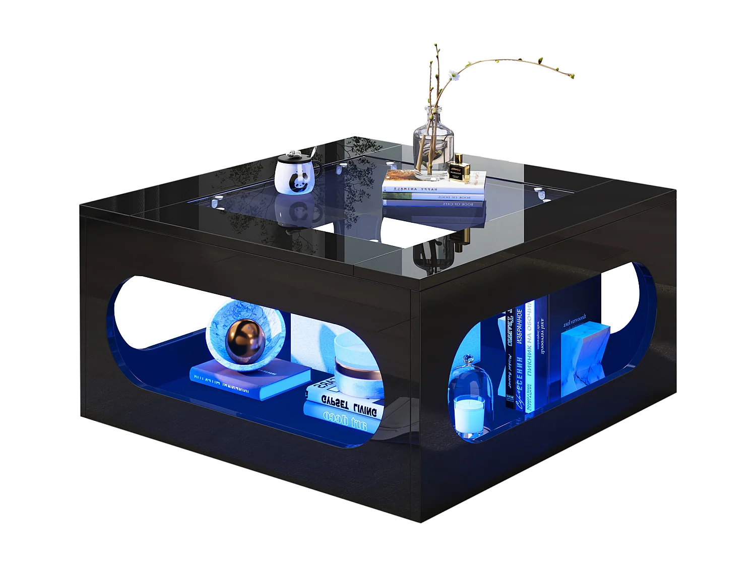 Table basse haute brillance 70x70x35 cm - avec éclairage LED - Plateau en verre trempé - MDF - Noir