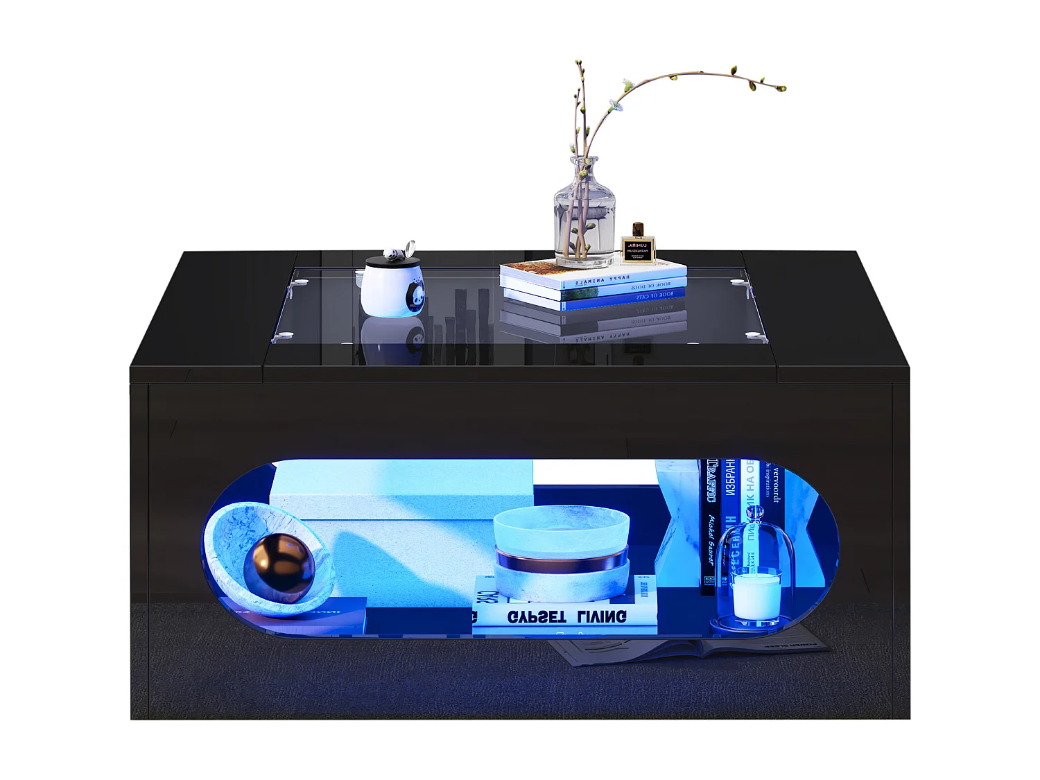 Table basse haute brillance 70x70x35 cm - avec éclairage LED - Plateau en verre trempé - MDF - Noir