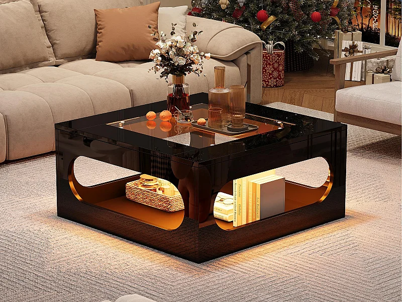 Hoogglans salontafel 70x70x35 cm - met LED-verlichting - Blad van gehard glas - MDF - Zwart