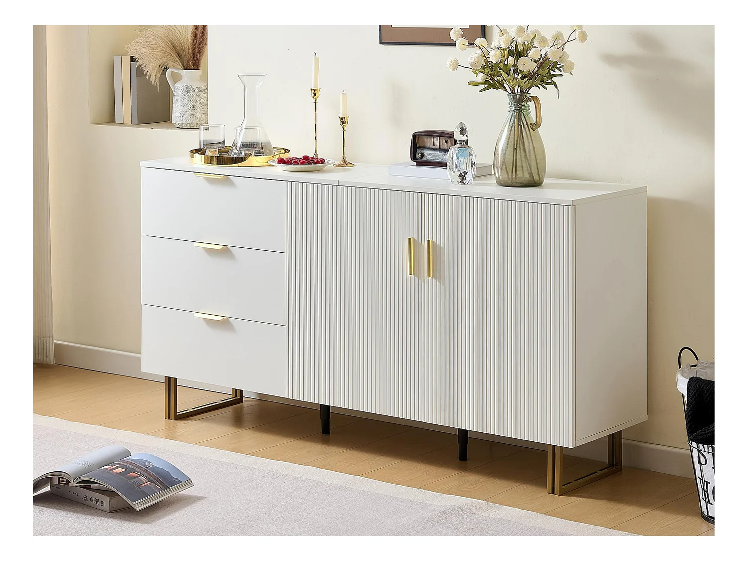 Buffet moderne 160x40x81,5 cm - avec 2 portes 3 tiroirs - Pieds en métal - MDF - Blanc