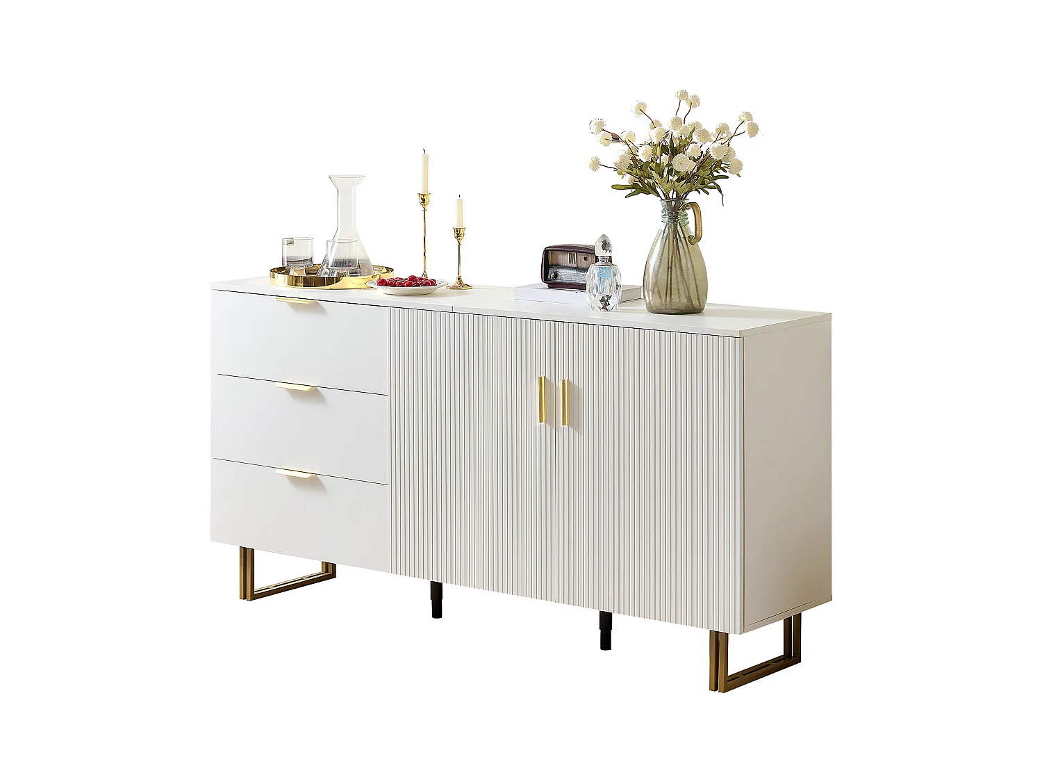 Buffet moderne 160x40x81,5 cm - avec 2 portes 3 tiroirs - Pieds en métal - MDF - Blanc