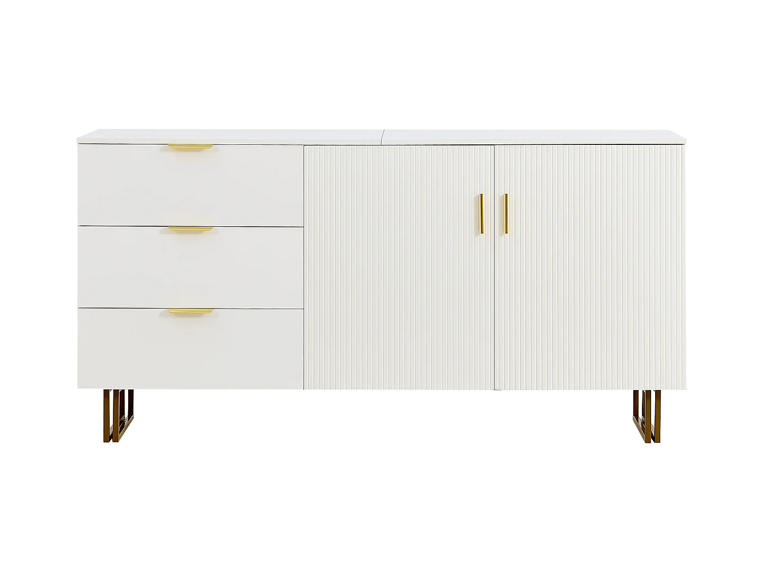 Buffet moderne 160x40x81,5 cm - avec 2 portes 3 tiroirs - Pieds en métal - MDF - Blanc