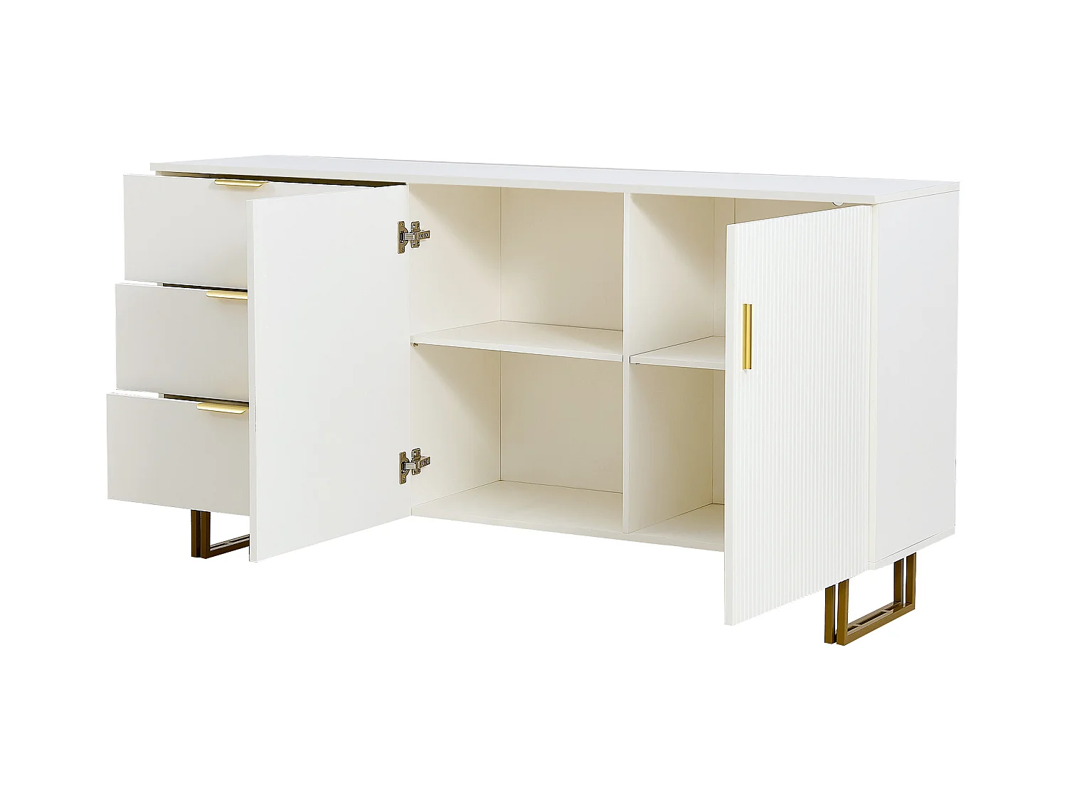 Buffet moderne 160x40x81,5 cm - avec 2 portes 3 tiroirs - Pieds en métal - MDF - Blanc