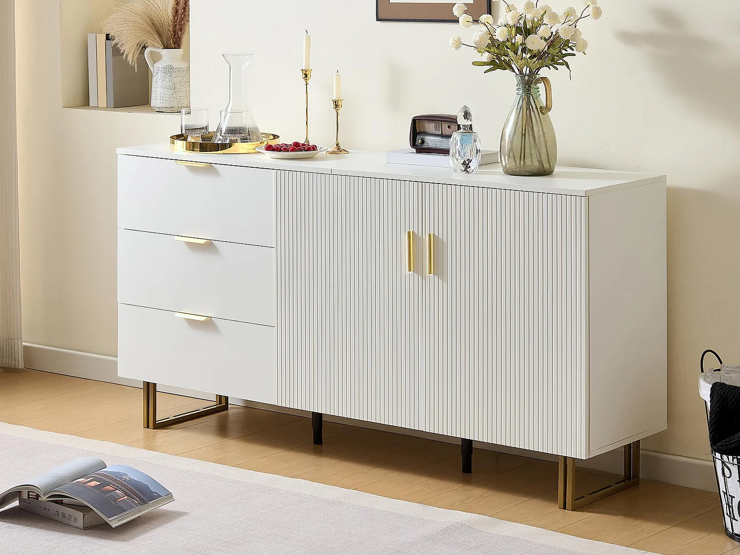 Modernes Buffet 160x40x81,5 cm - mit 2 Türen und 3 Schubladen - Metallfüße - MDF - Weiß