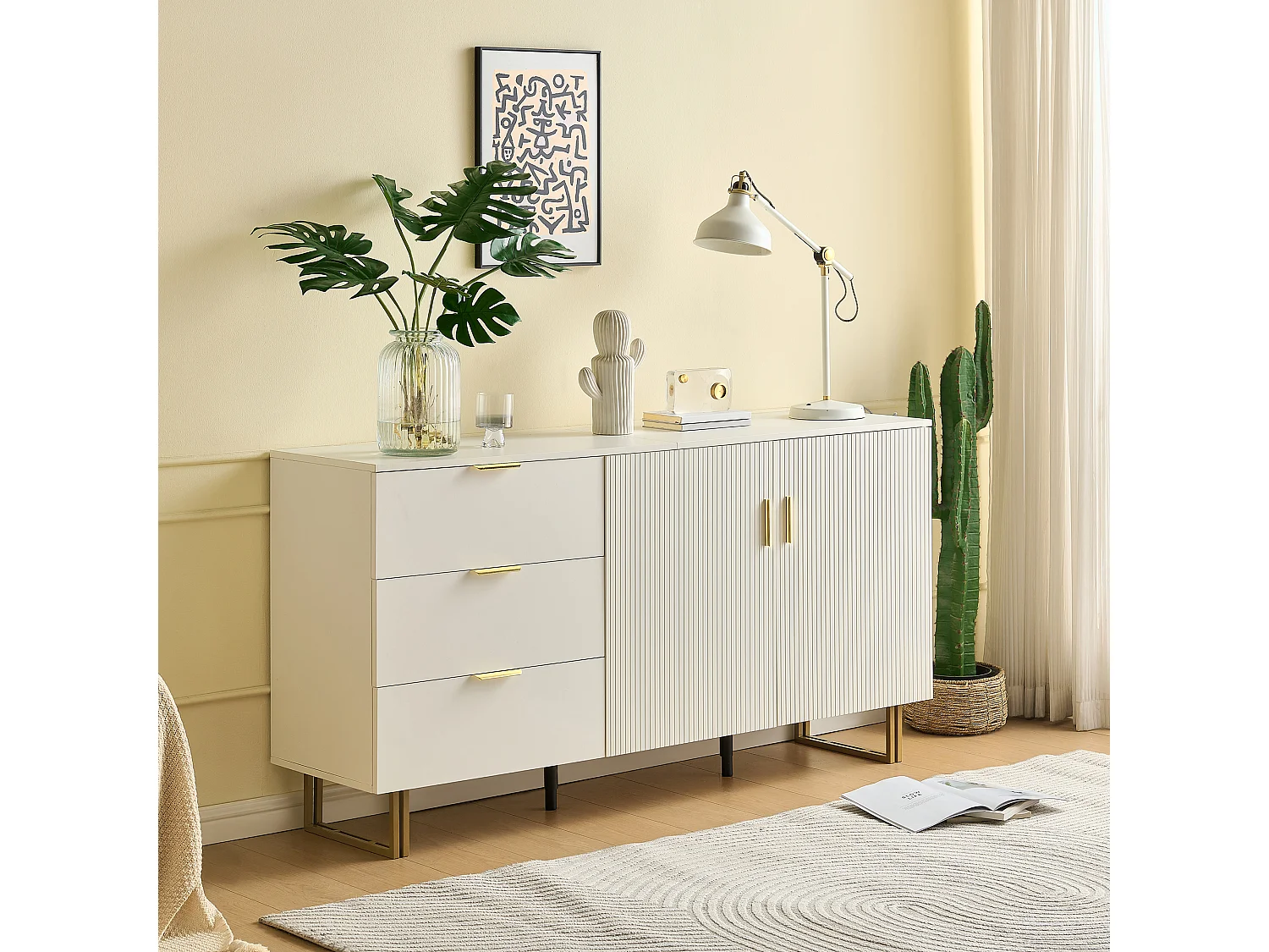 Modernes Buffet 160x40x81,5 cm - mit 2 Türen und 3 Schubladen - Metallfüße - MDF - Weiß