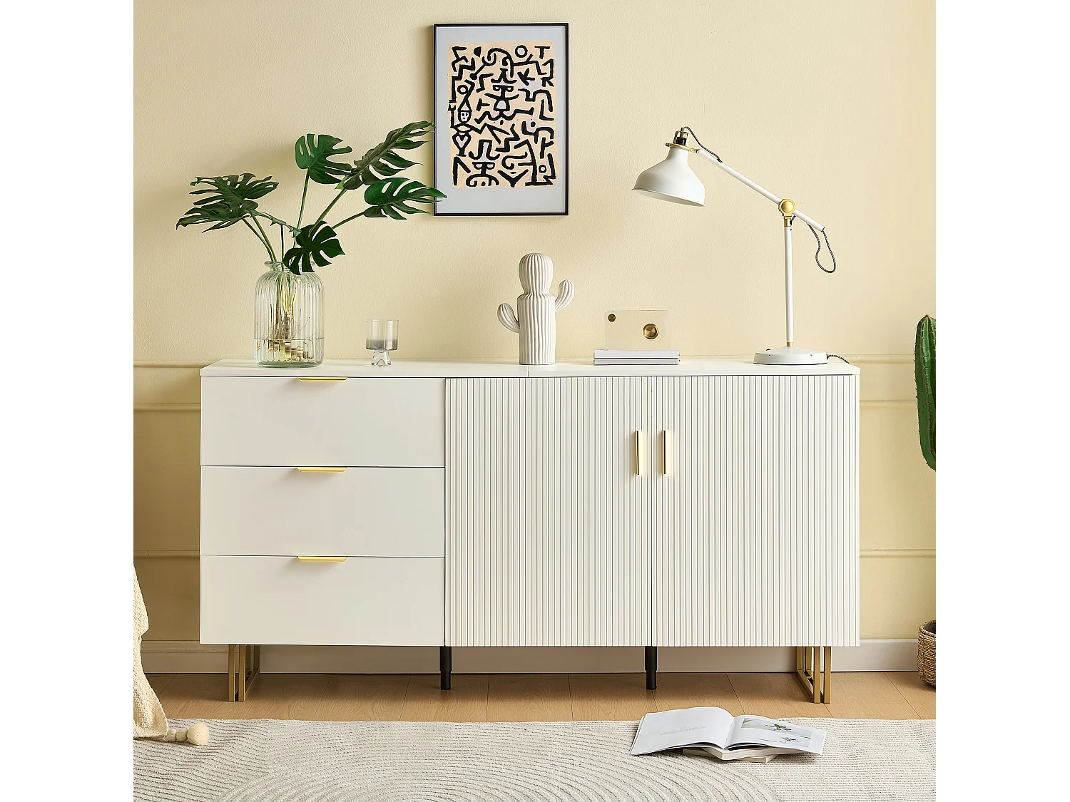 Modernes Buffet 160x40x81,5 cm - mit 2 Türen und 3 Schubladen - Metallfüße - MDF - Weiß