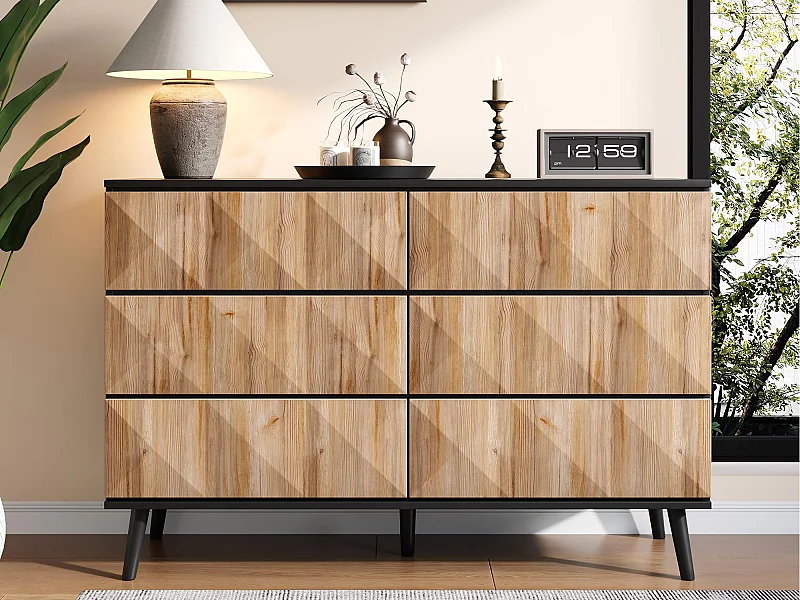 Buffet 120x40x85 cm - 6 tiroirs - Structure en fer - MDF + panneaux de particules - Naturel + Noir