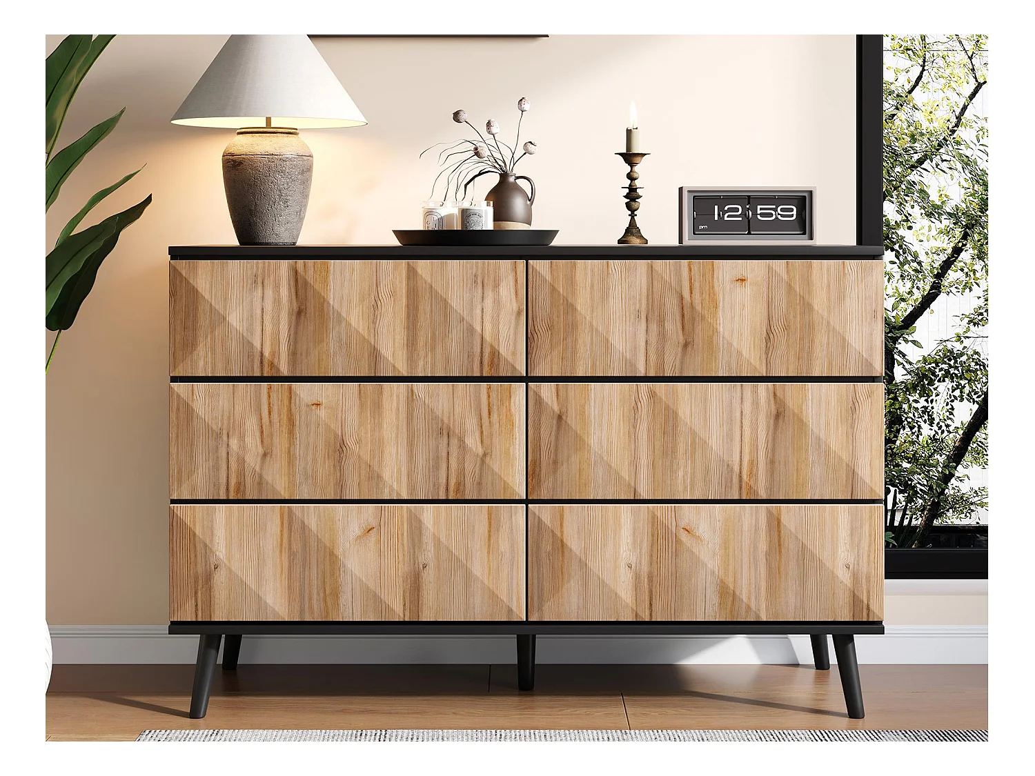 Buffet 120x40x85 cm - 6 tiroirs - Structure en fer - MDF + panneaux de particules - Naturel + Noir