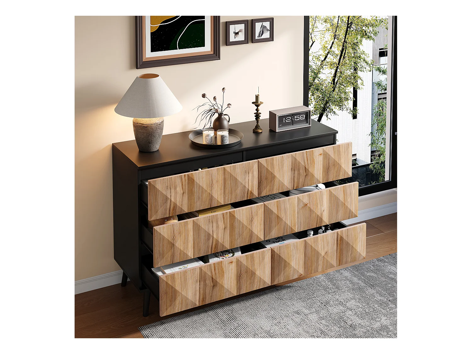 Buffet 120x40x85 cm - 6 tiroirs - Structure en fer - MDF + panneaux de particules - Naturel + Noir