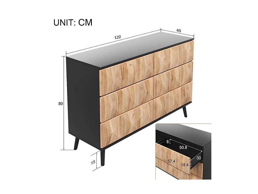 Buffet 120x40x85 cm - 6 tiroirs - Structure en fer - MDF + panneaux de particules - Naturel + Noir
