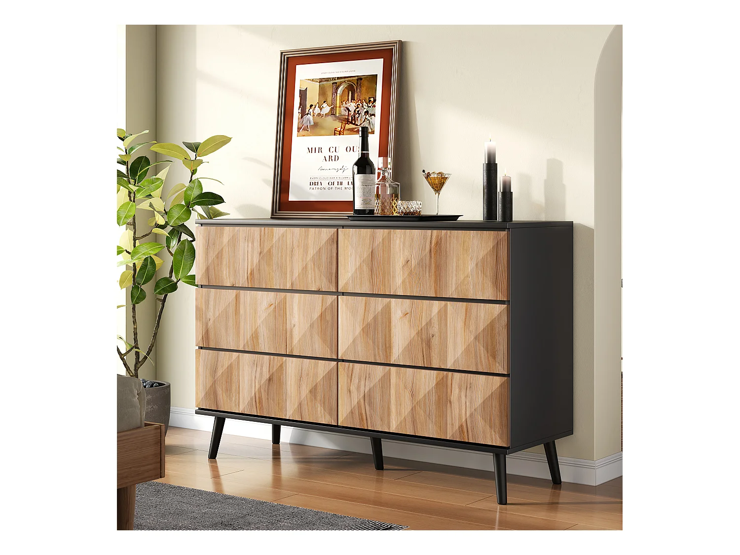 Buffet 120x40x85 cm - 6 tiroirs - Structure en fer - MDF + panneaux de particules - Naturel + Noir