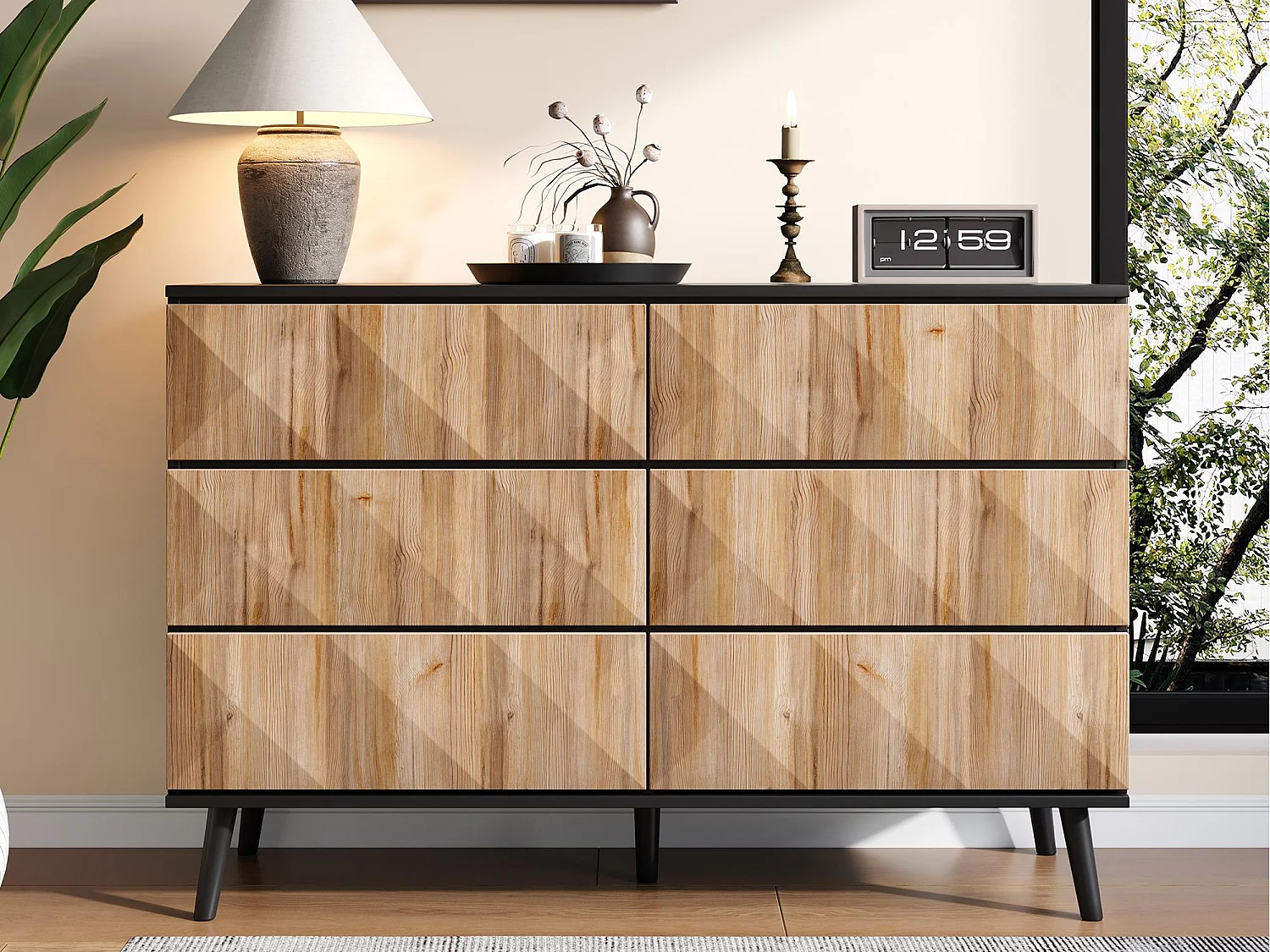 Buffet 120x40x85 cm - 6 tiroirs - Structure en fer - MDF + panneaux de particules - Naturel + Noir