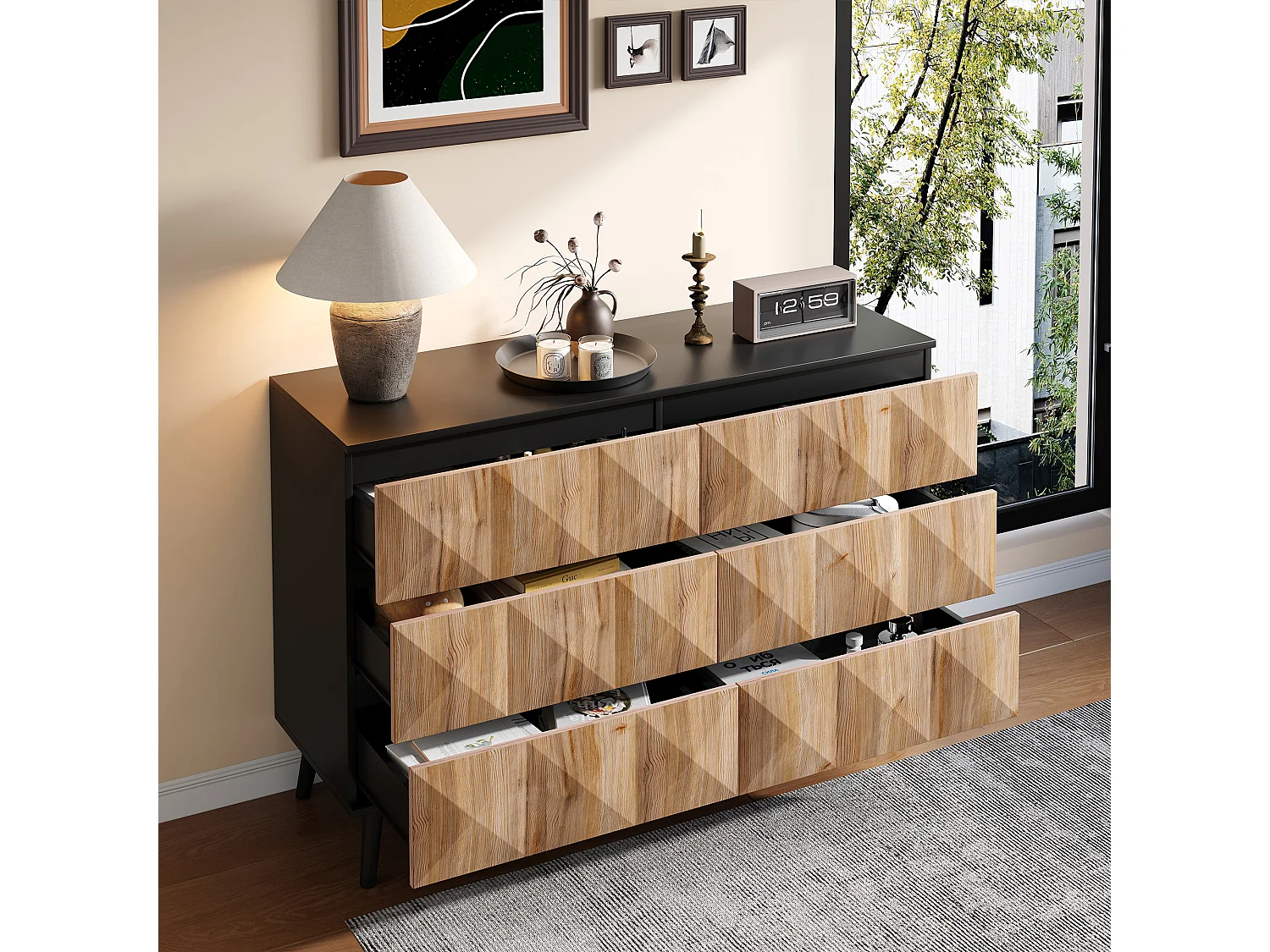 Buffet 120x40x85 cm - 6 tiroirs - Structure en fer - MDF + panneaux de particules - Naturel + Noir