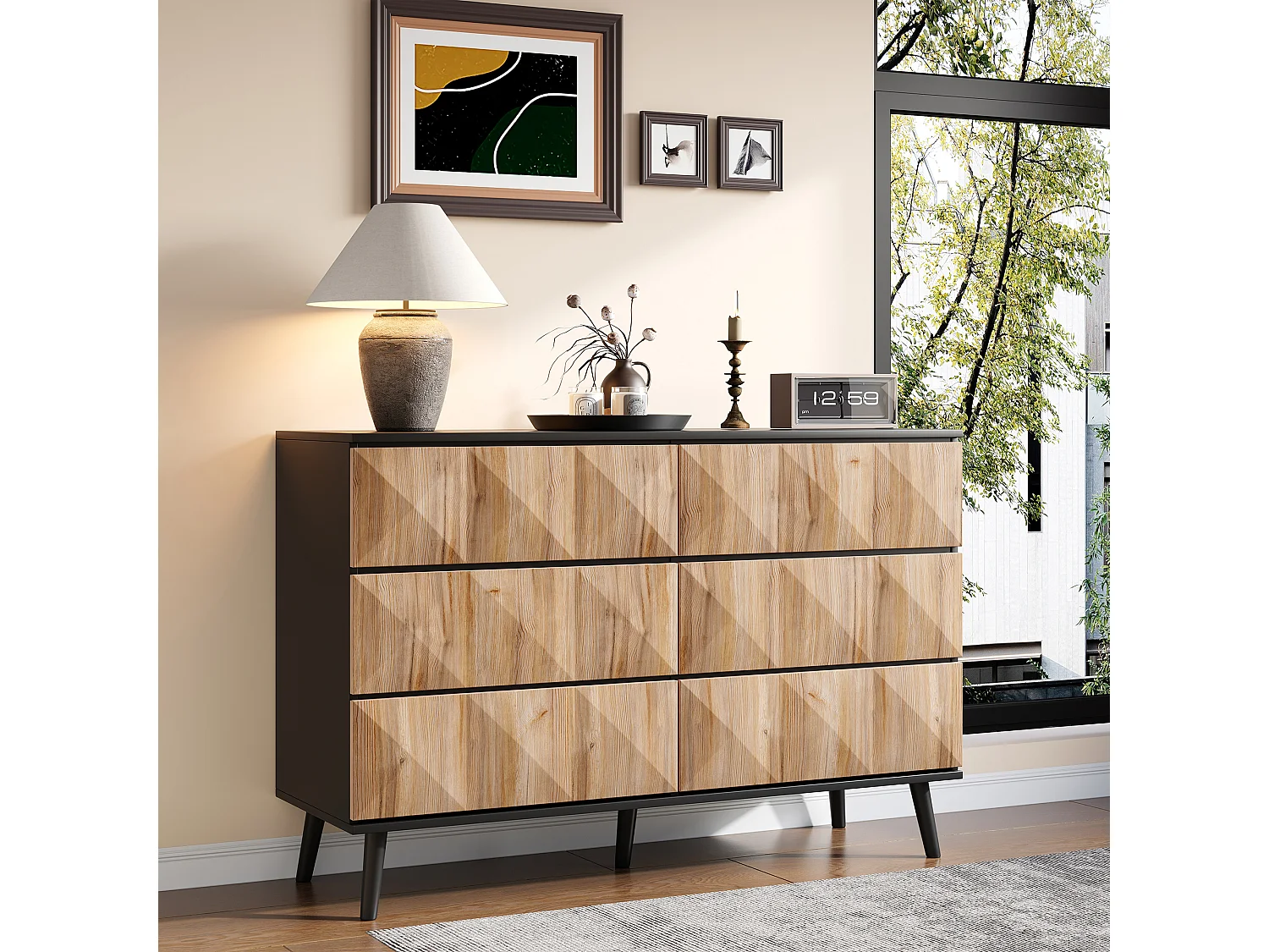 Buffet 120x40x85 cm - 6 tiroirs - Structure en fer - MDF + panneaux de particules - Naturel + Noir