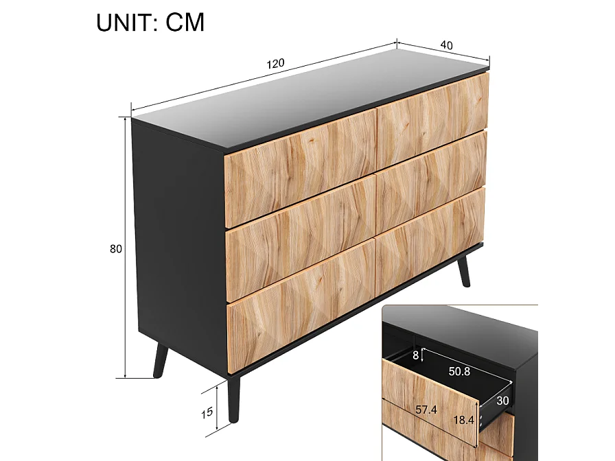 Buffet 120x40x85 cm - 6 lades - IJzeren structuur - MDF + spaanplaat - Natuur + Zwart