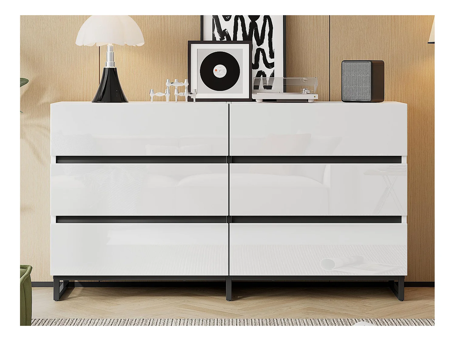 Buffet 140x39.5x78.5 cm - avec 6 tiroirs - 3 pieds en métal - Finition brillante - Blanc + Noir
