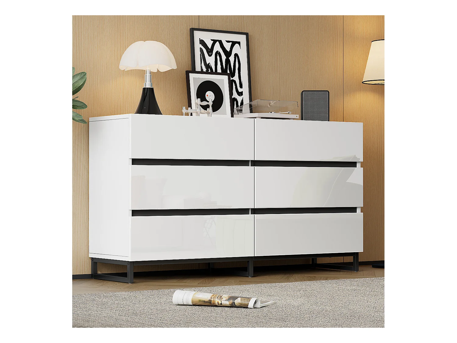 Buffet 140x39.5x78.5 cm - avec 6 tiroirs - 3 pieds en métal - Finition brillante - Blanc + Noir