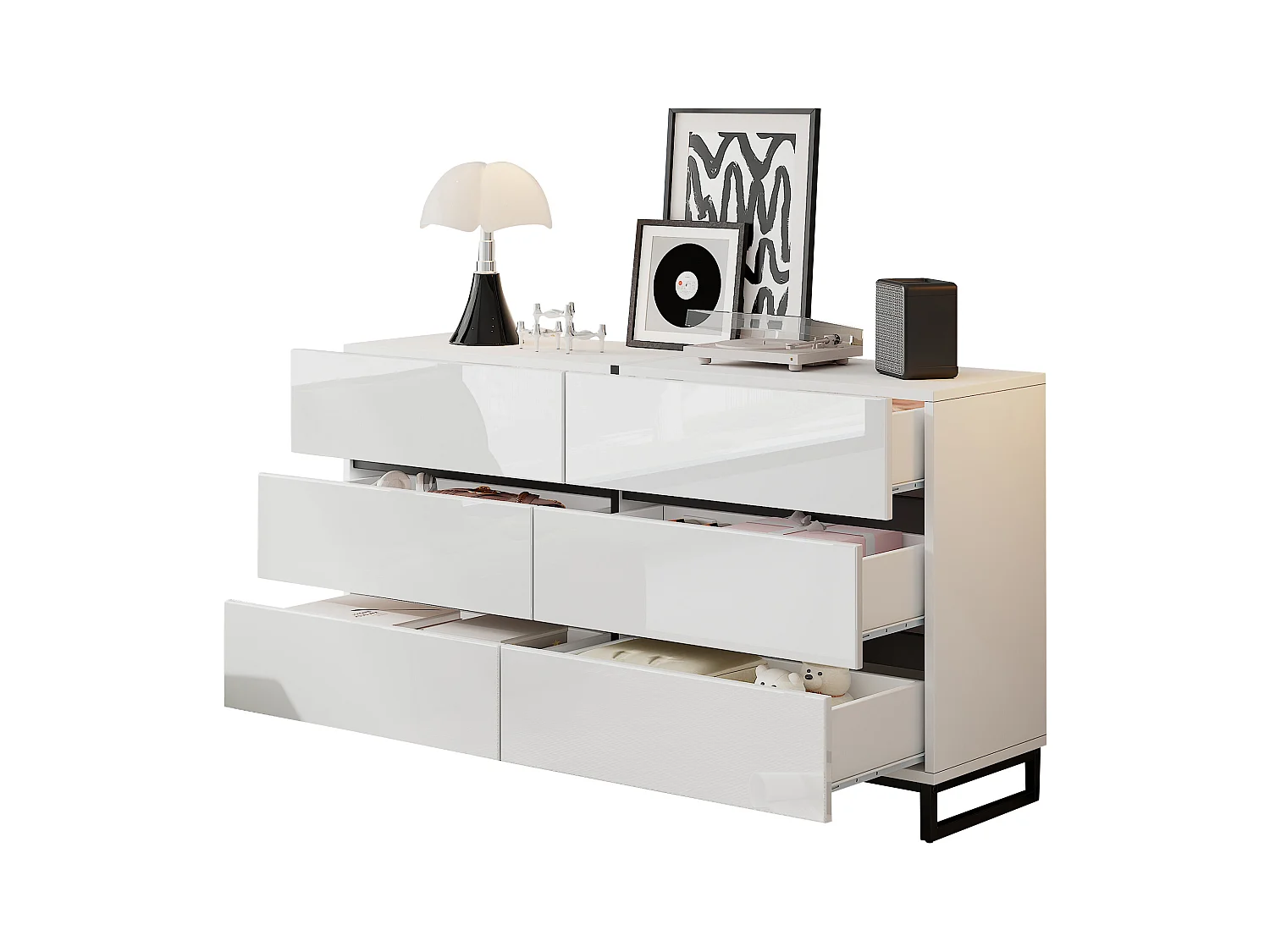 Buffet 140x39.5x78.5 cm - avec 6 tiroirs - 3 pieds en métal - Finition brillante - Blanc + Noir